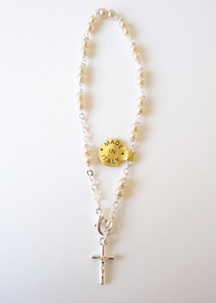 画像2: ロザリオブレスレット　パール調ベージュ+銀　ボディ付き　NB　 (2)