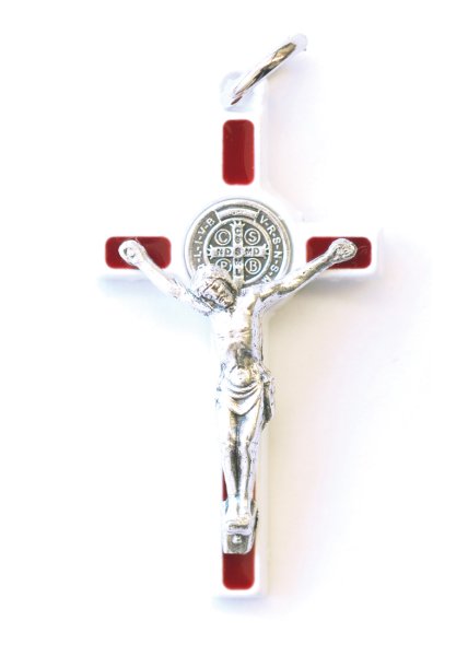 画像1: ミニ十字架　聖ベネディクト　白+赤 (1)