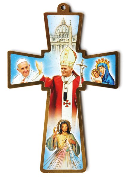画像1: 板絵十字架　聖ヨハネ・パウロ二世と教皇フランシスコ＆いつくしみのイエス　NB (1)