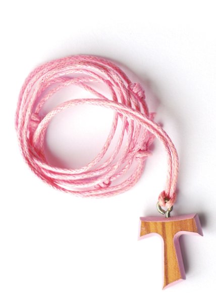 画像1: ペンダント　オリーブ製　タウの十字架　ピンク　NB (1)