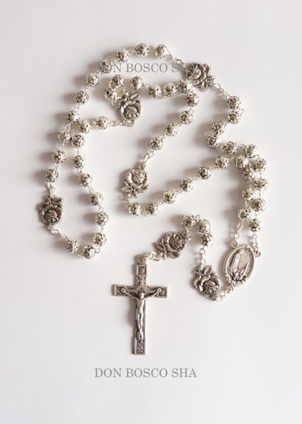 画像2: ロザリオ　バラの花型珠　銀色　ファティマ&み心のイエス　※在庫僅少 (2)