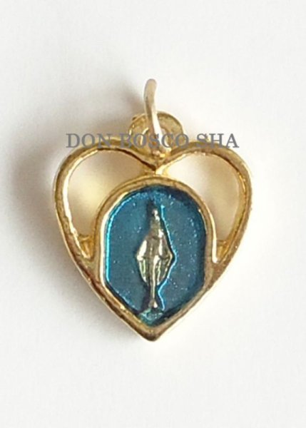 画像2: メダイ 透かしハート型 無原罪のマリア 金色+ブルー  (2)
