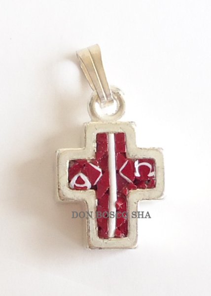 画像1: ミニ十字架　フィレンツェモザイク （PXαΩ）銀メッキ+赤　NBY (1)
