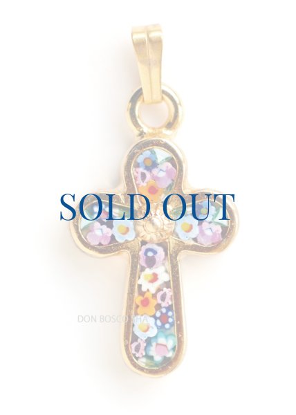 画像1: ミニ十字架　フィレンツェモザイクペンダントトップ　金メッキ（※色はアソート入荷のため指定できません） (1)