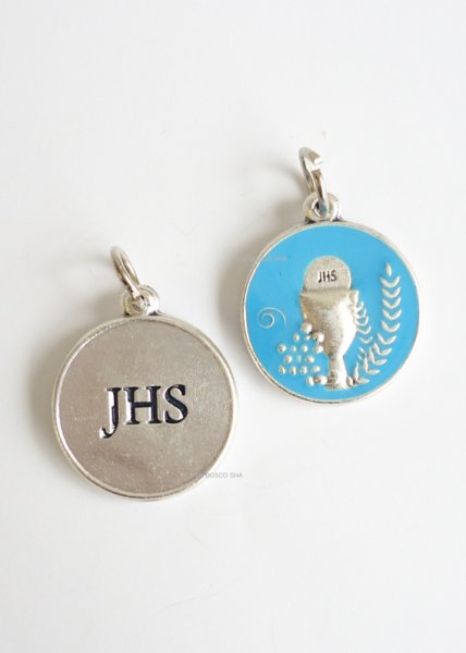 画像2: メダイ　丸型　聖体　カリスとホスチア/JHS　ブルー (2)
