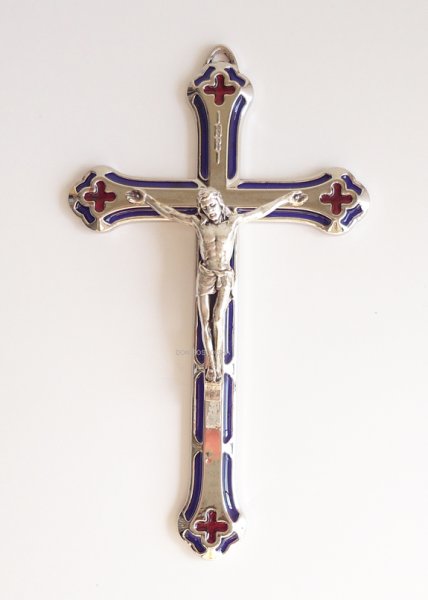 画像2: 壁掛十字架　装飾　銀色地+赤　縁青　13cm (2)