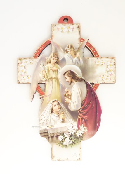 画像1: 板絵壁掛け十字架 初聖体イエスと女の子 (1)