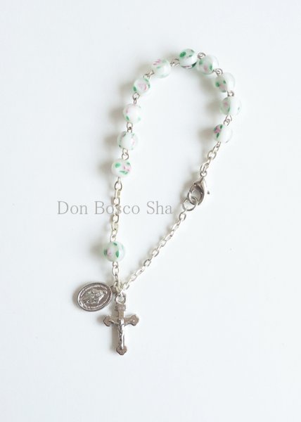 画像1: ロザリオブレスレット　バラの絵付き　白　NB (1)