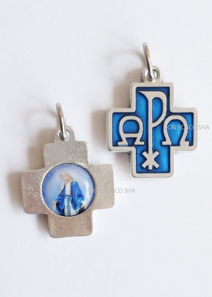 画像1: ミニ十字架　アルファオメガ　青　裏・無原罪　　NB (1)