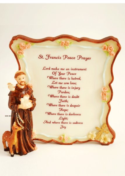 画像1: 樹脂製　アシジの聖フランシスコ像+平和の祈り　カラー 約13.5cm (1)
