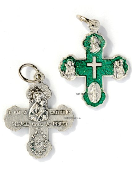 画像1: ミニ十字架　4メダイ付　緑 H21mm（裏面：私はカトリック信者です） (1)