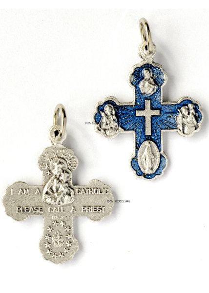 画像1: ミニ十字架　4メダイ付　青 H21mm （裏面：私はカトリック信者です）NB (1)