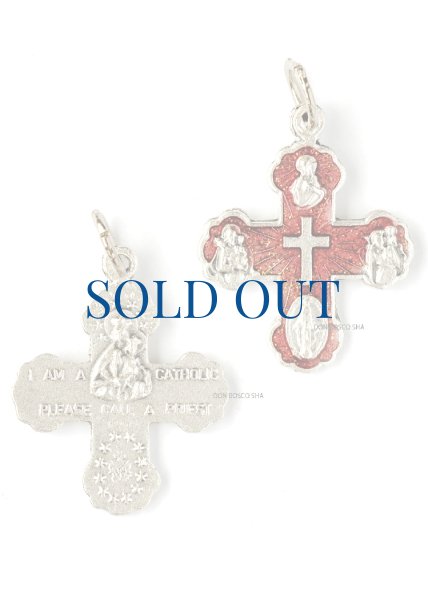 画像1: ミニ十字架　4メダイ付　赤 H21mm（裏面：私はカトリック信者です）※在庫僅少 (1)