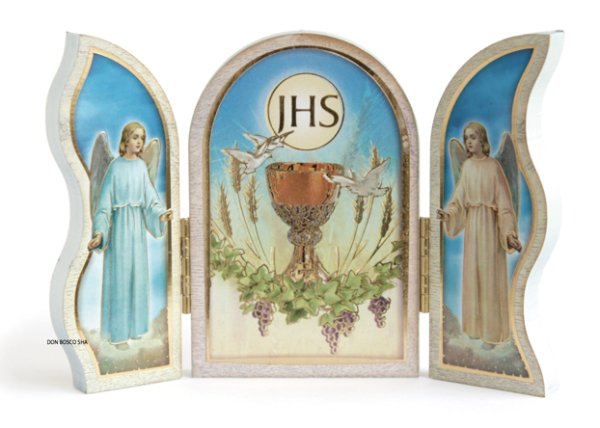 画像1: 卓上置物 3面板絵　聖体とカリス・ハト・麦ブドウ (1)