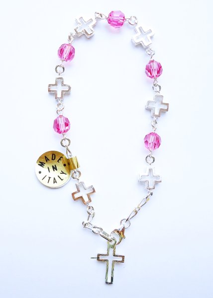 画像1: ロザリオブレスレット　シルバー925&スワロフスキー　十字架+ピンク【返品不可商品】※店頭在庫共有品 (1)