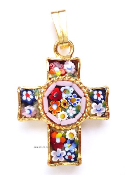 画像2: ミニ十字架　フィレンツェモザイクペンダントトップ　金メッキ（※色はアソート入荷のため指定できません） (2)