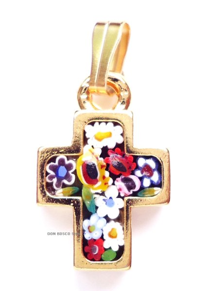 画像1: ミニ十字架　フィレンツェモザイクペンダントトップ(小)　金メッキ（※色はアソート入荷のため指定できません） (1)