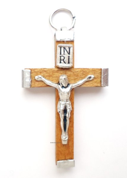 画像1: ミニ十字架　木製+金属イエス像　ナチュラル　小 (1)
