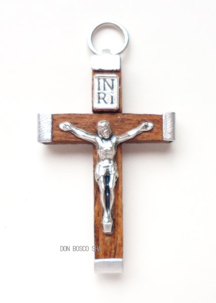 画像1: ミニ十字架　木製+金属イエス像　茶色　小 (1)