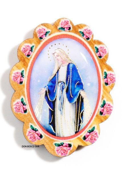 画像1: マグネット オリーブ製 花形　無原罪の聖母 (1)