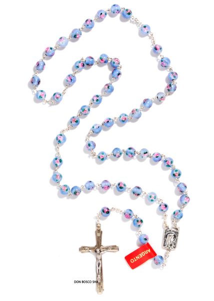 画像1:  ロザリオ　シルバー925＆花柄ベネチアン珠　水色 【返品不可商品】 ※店頭在庫残り一点 (1)
