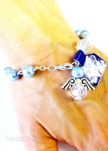 画像3: ロザリオブレスレット パール調8mm珠 天使 ブルー ※在庫僅少 (3)