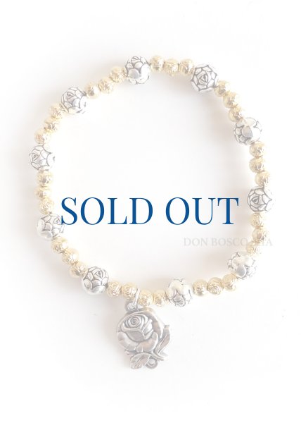 画像1: ロザリオブレスレット　バラの花メダイ付 金色4mm+銀色6mm珠 (1)