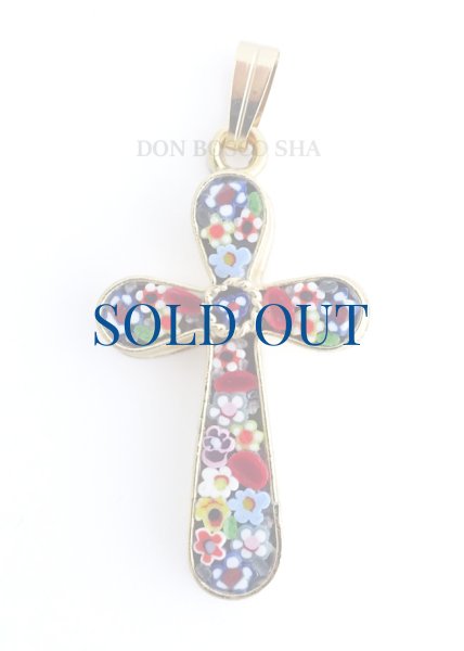 画像1: ミニ十字架　フィレンツェモザイクペンダントトップ　金メッキ 15CV（※柄はアソート入荷のため指定できません） (1)