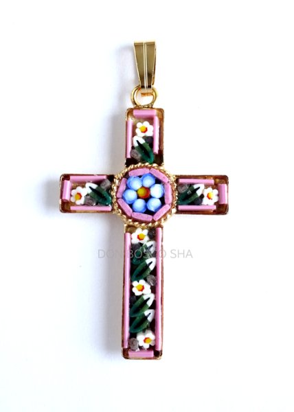 画像1: ミニ十字架　フィレンツェモザイクペンダントトップ　金メッキ　（※柄はアソート入荷のため指定できません） (1)