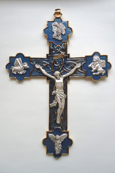 画像1: 壁掛け十字架  金属製 　4福音史家のシンボル　ブルー　H22cm (1)
