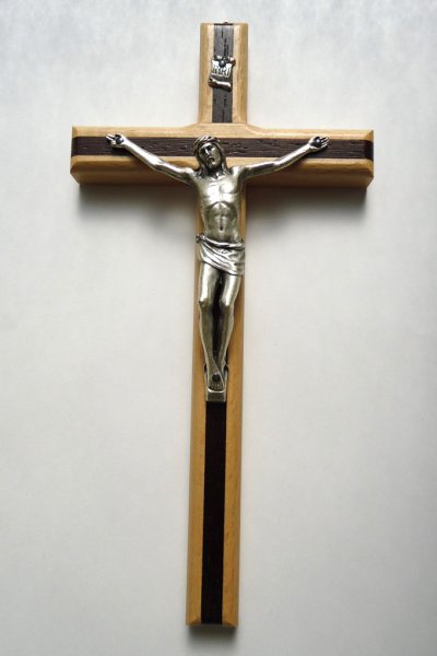 画像1: 壁掛十字架 木製 ナチュラル&茶2色 中央組木 ライン H21.1cm (1)