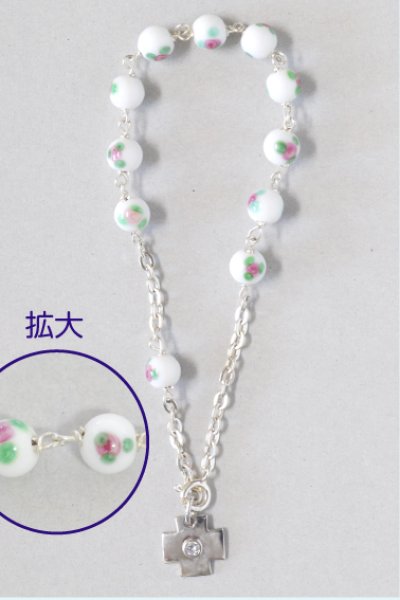 画像2: ロザリオブレスレット　シルバー925&ベネチアンガラス珠　バラ柄+白【返品不可商品】 (2)