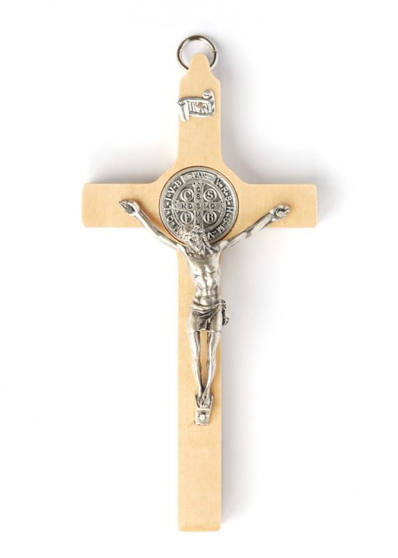 壁掛十字架 聖ベネディクト 木製 ナチュラル H12cm - ドン・ボスコ社