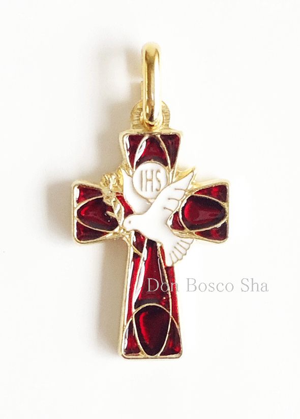 ミニ十字架 聖霊(ハト)+聖体 赤 小 - ドン・ボスコ社