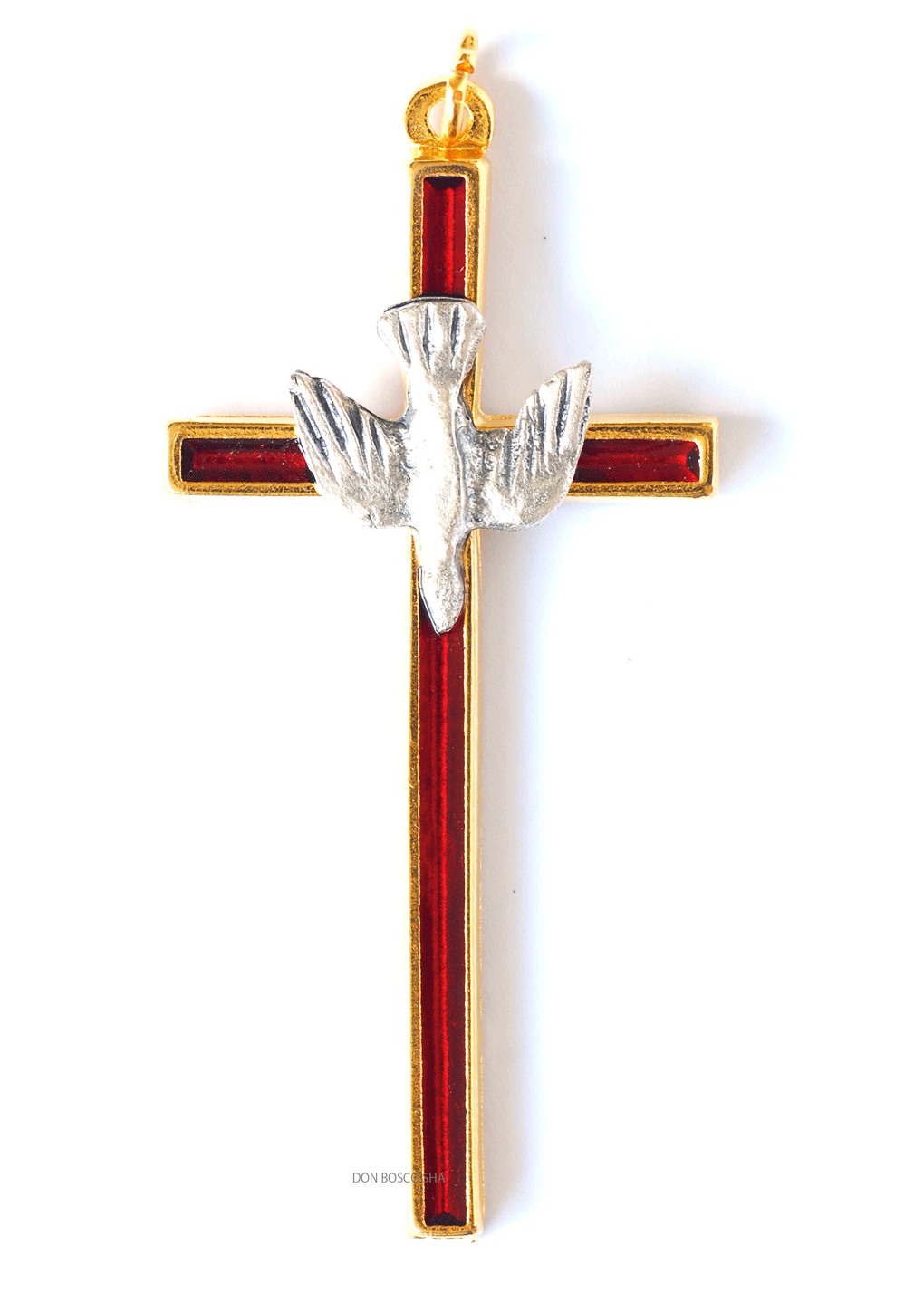 イエスキリスト 聖霊 鳩 十字架 クロスメダイ レッド シルバー カトリック
