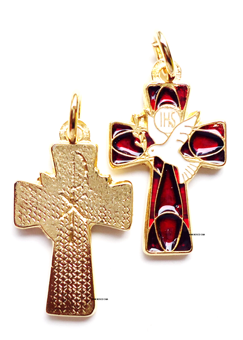 ミニ十字架 聖霊(ハト)+聖体 赤 小 - ドン・ボスコ社